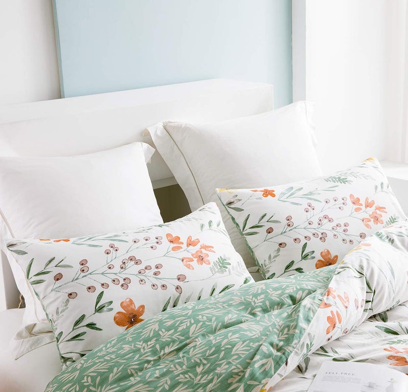 SLEEPBELLA Duvet Cover Queen, 600 Thread Count Cotton 3pcs Bedding Set Yellow Flowers and Green Branches Printed on White Reversible Comforter Cover - Image 4